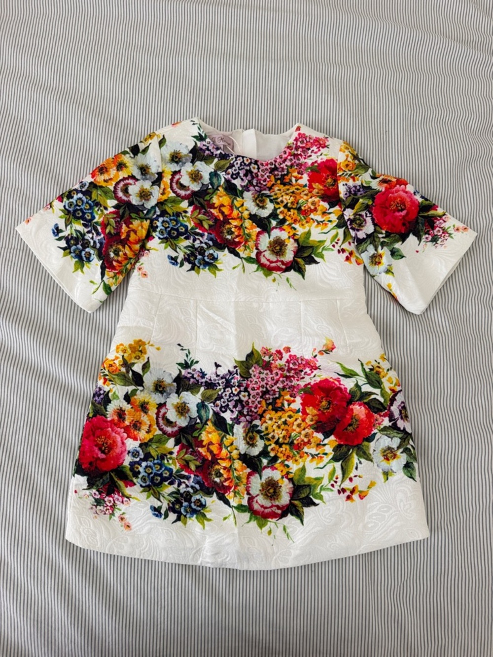 Blue Bird White Floral Jacquard Dress with Multicolor Blooms